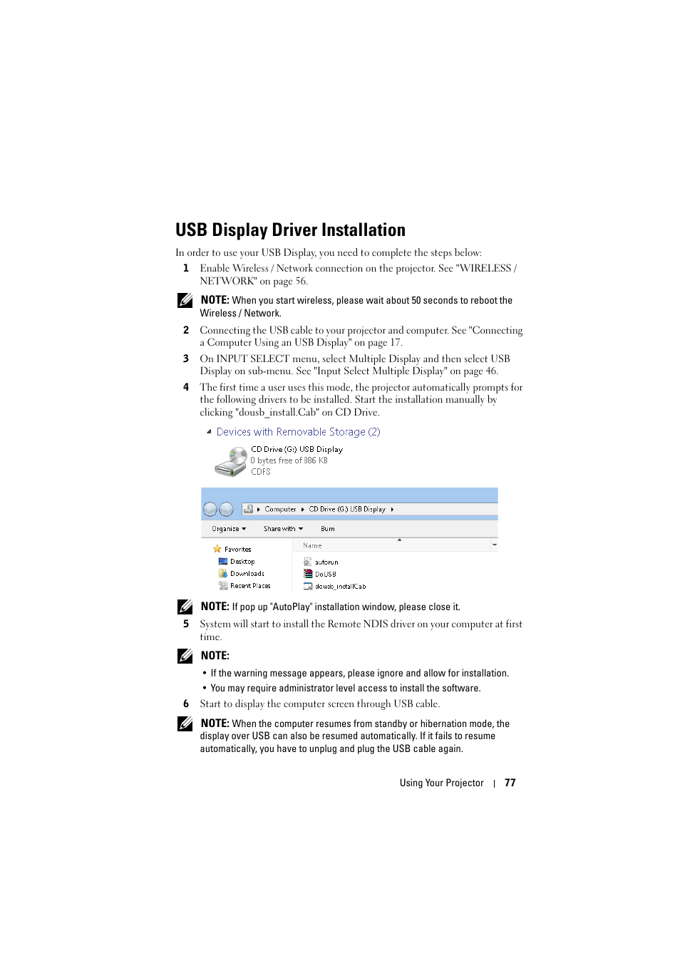 Usb display driver installation | Dell S300wi Projector User Manual | Page 77 / 127