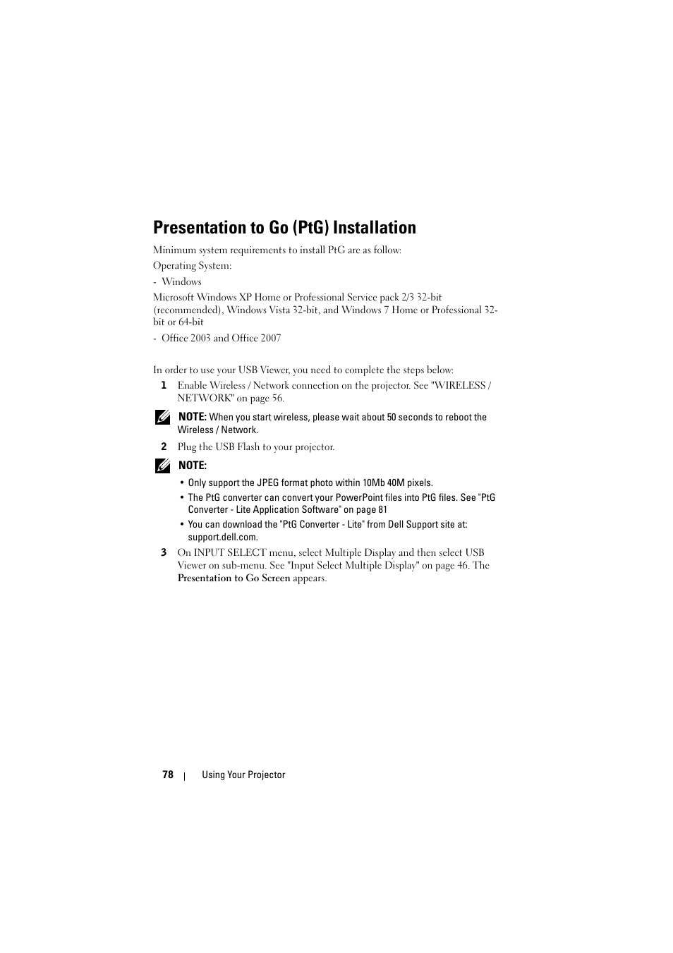 Presentation to go (ptg) installation | Dell S300wi Projector User Manual | Page 78 / 127
