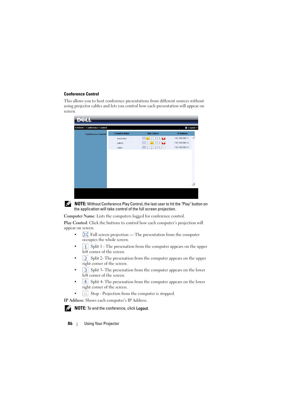 Conference control | Dell S300wi Projector User Manual | Page 86 / 127