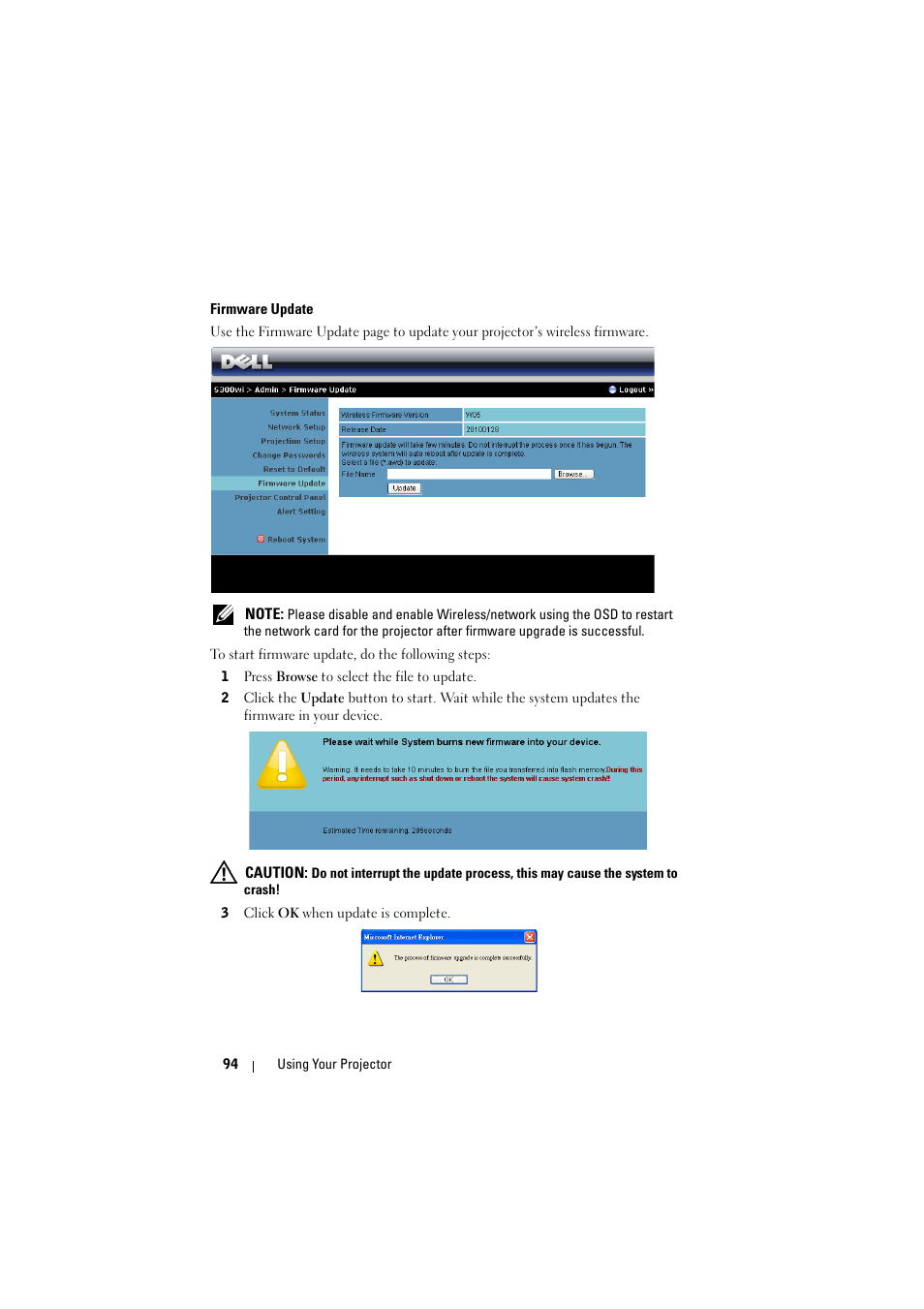 Firmware update | Dell S300wi Projector User Manual | Page 94 / 127