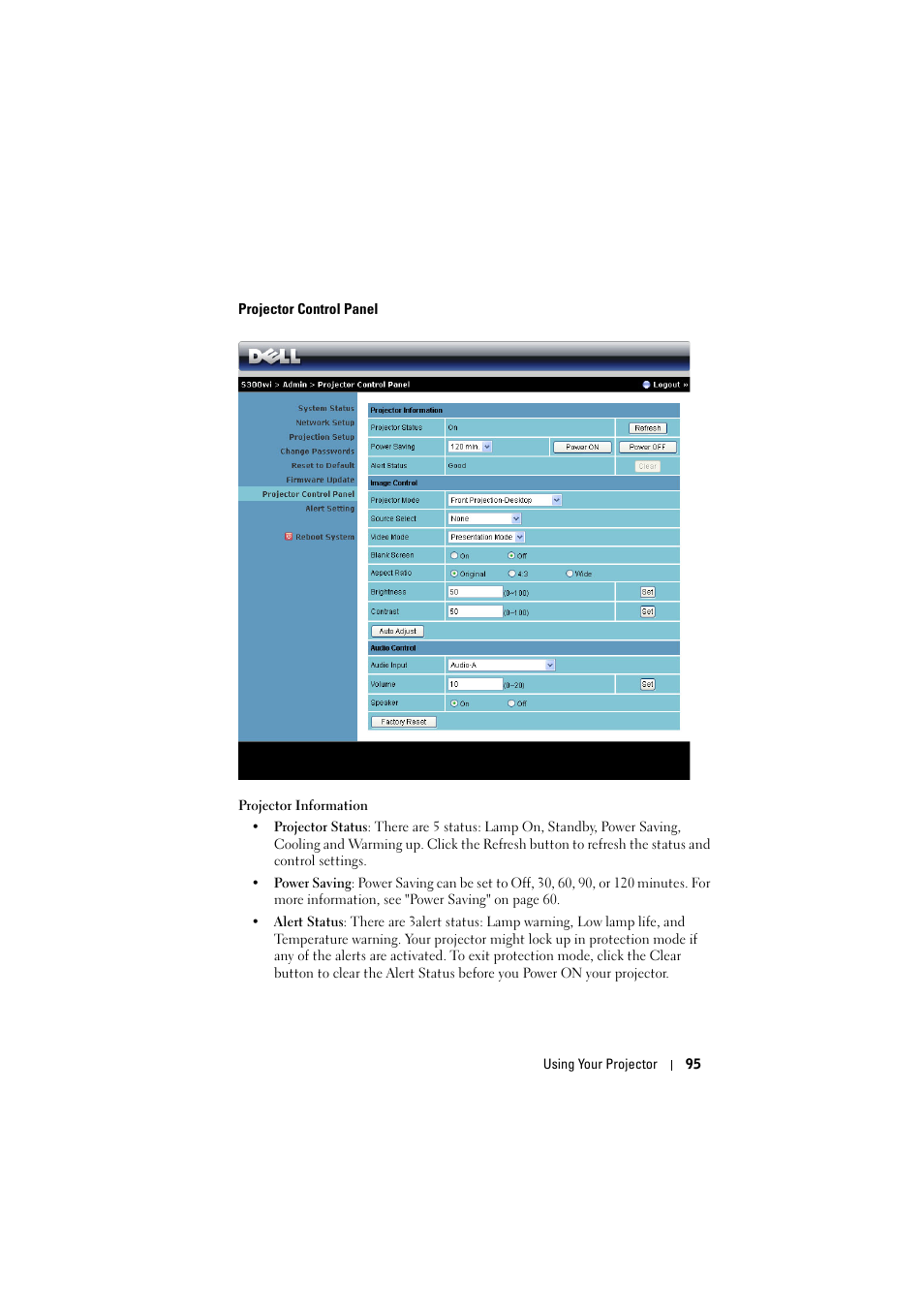 Projector control panel | Dell S300wi Projector User Manual | Page 95 / 127