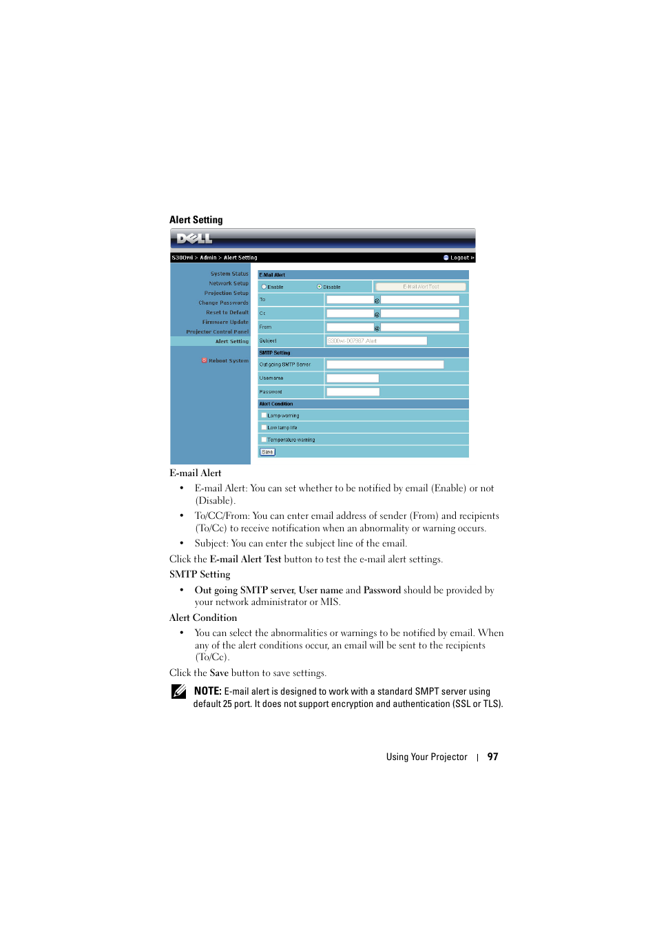 Alert setting | Dell S300wi Projector User Manual | Page 97 / 127