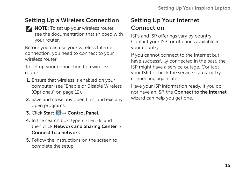 Setting up a wireless connection, Setting up your internet connection | Dell Inspiron M511R (Mid 2011) User Manual | Page 17 / 98