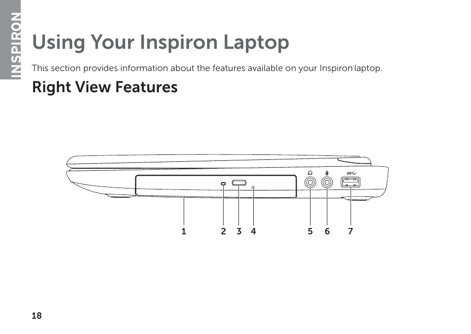 Using your inspiron laptop, Right view features, Inspiron | Dell Inspiron M511R (Mid 2011) User Manual | Page 20 / 98