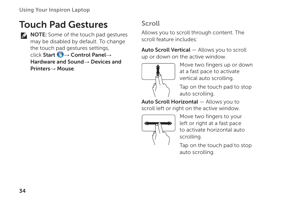 Touch pad gestures | Dell Inspiron M511R (Mid 2011) User Manual | Page 36 / 98