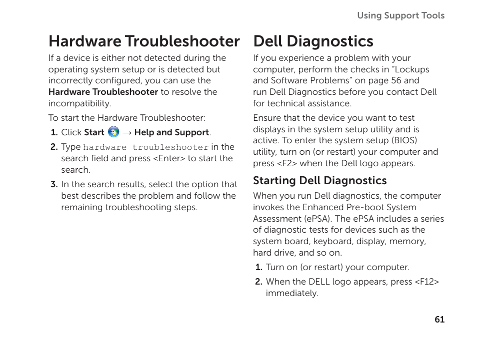Hardware troubleshooter, Dell diagnostics, Hardware troubleshooter dell diagnostics | Run dell diagnostics (see “dell | Dell Inspiron M511R (Mid 2011) User Manual | Page 63 / 98
