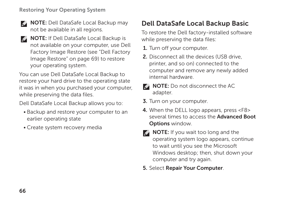 Dell datasafe local backup basic | Dell Inspiron M511R (Mid 2011) User Manual | Page 68 / 98