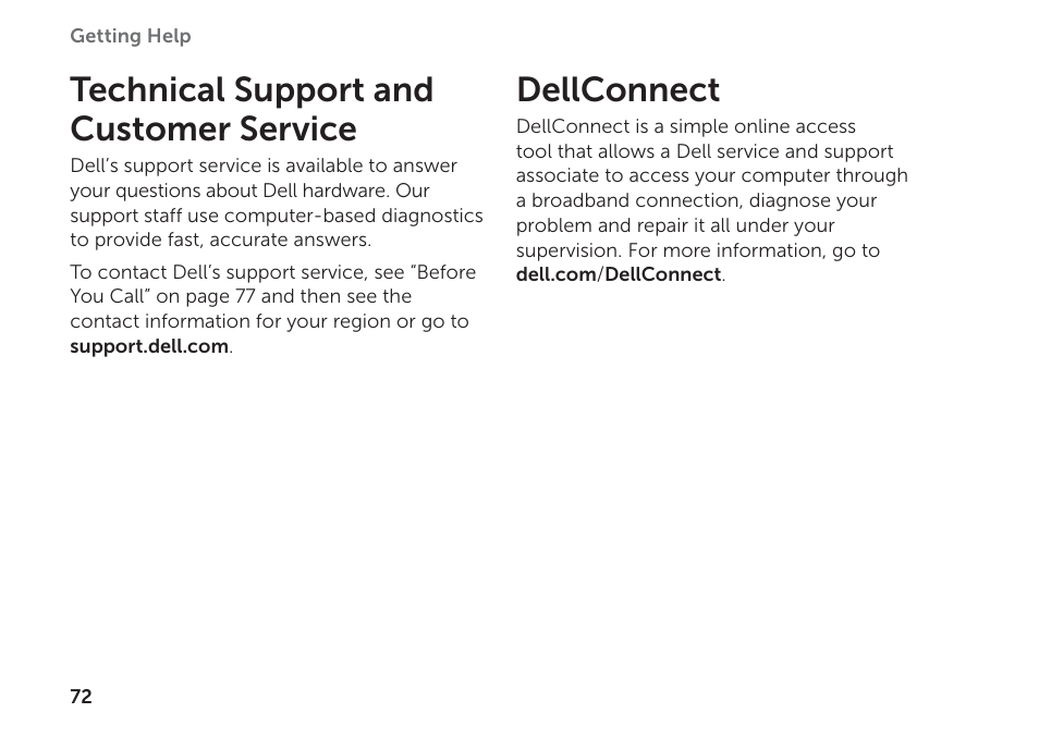 Technical support and customer service, Dellconnect, Technical support and customer service dellconnect | Dell Inspiron M511R (Mid 2011) User Manual | Page 74 / 98