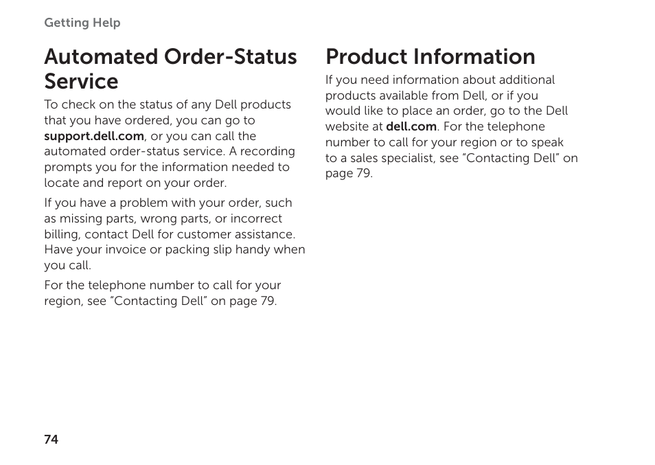 Automated order-status service, Product information, Automated order-status service product information | Dell Inspiron M511R (Mid 2011) User Manual | Page 76 / 98