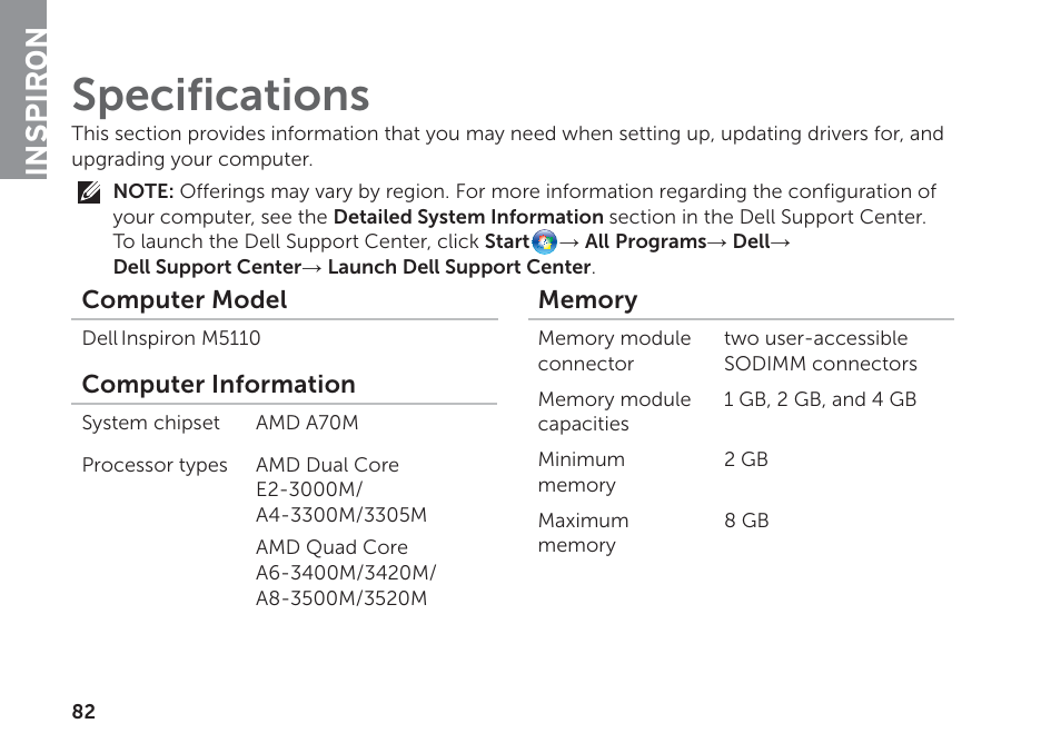 Specifications, Inspiron | Dell Inspiron M511R (Mid 2011) User Manual | Page 84 / 98