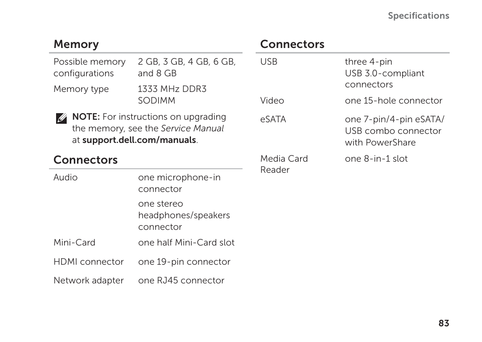 Connectors | Dell Inspiron M511R (Mid 2011) User Manual | Page 85 / 98