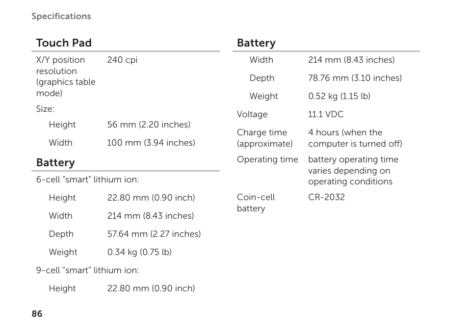 Touch pad, Battery | Dell Inspiron M511R (Mid 2011) User Manual | Page 88 / 98