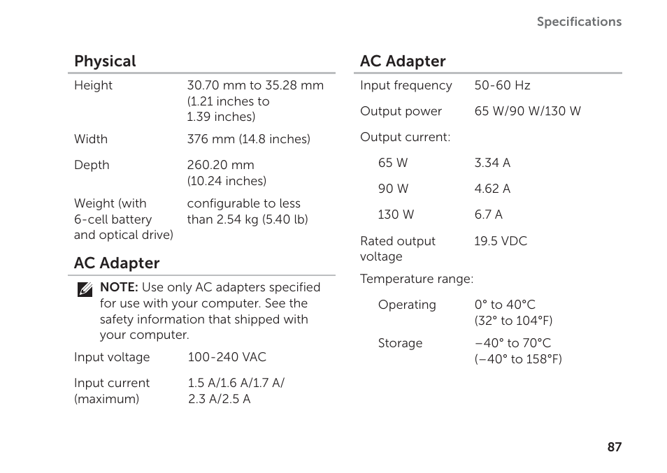 Physical, Ac adapter | Dell Inspiron M511R (Mid 2011) User Manual | Page 89 / 98
