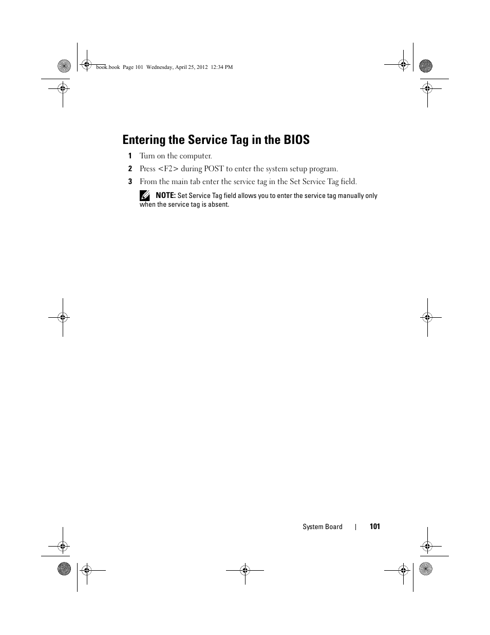 Entering the service tag in the bios, 1 turn on the computer | Dell XPS 8300 (Late 2010) User Manual | Page 101 / 116