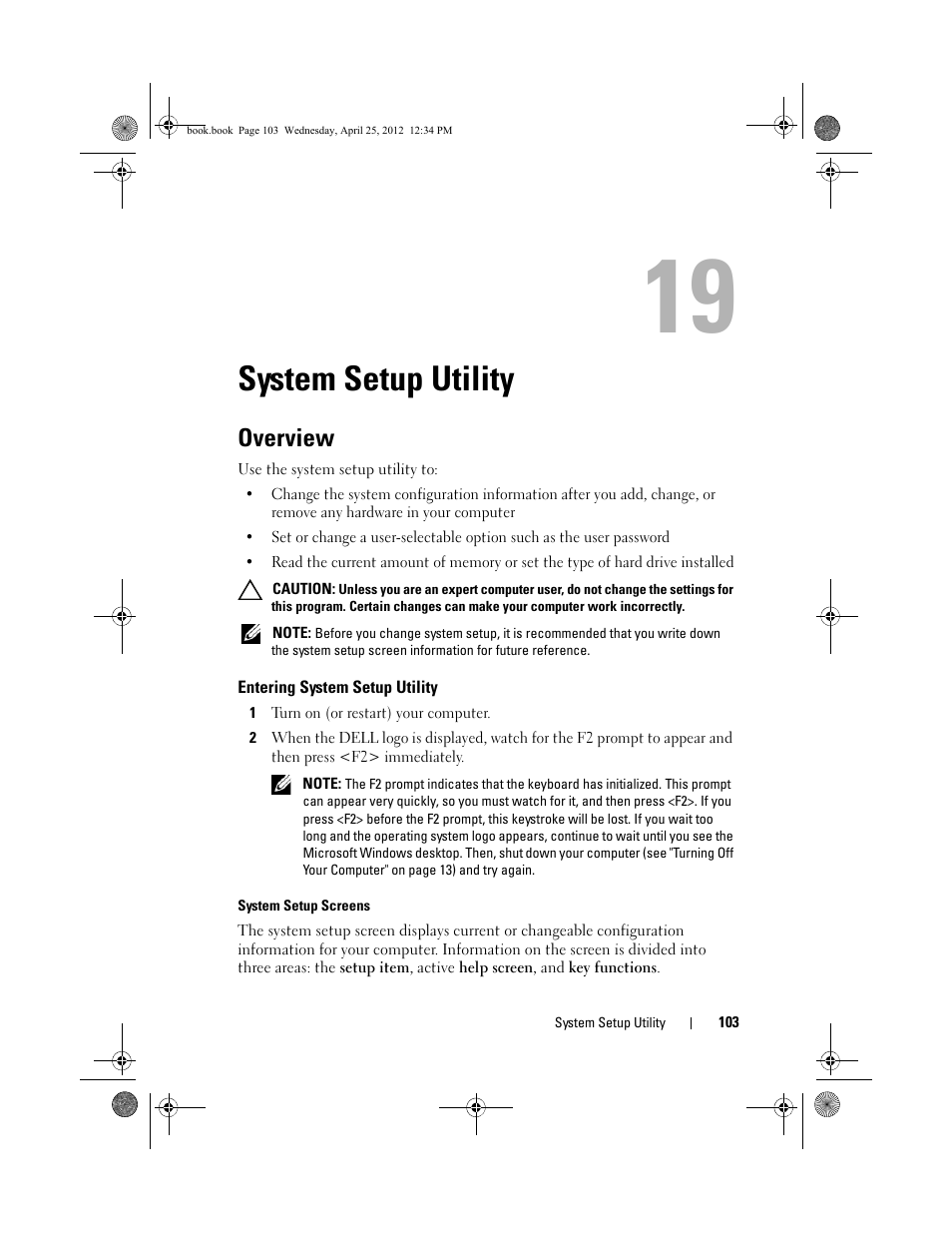 System setup utility, Overview, Entering system setup utility | System setup utility" on, See "system setup utility" on, See "system | Dell XPS 8300 (Late 2010) User Manual | Page 103 / 116