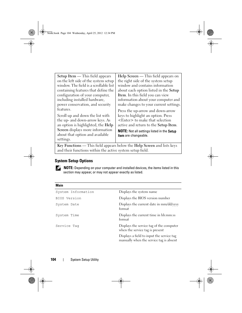 System setup options | Dell XPS 8300 (Late 2010) User Manual | Page 104 / 116
