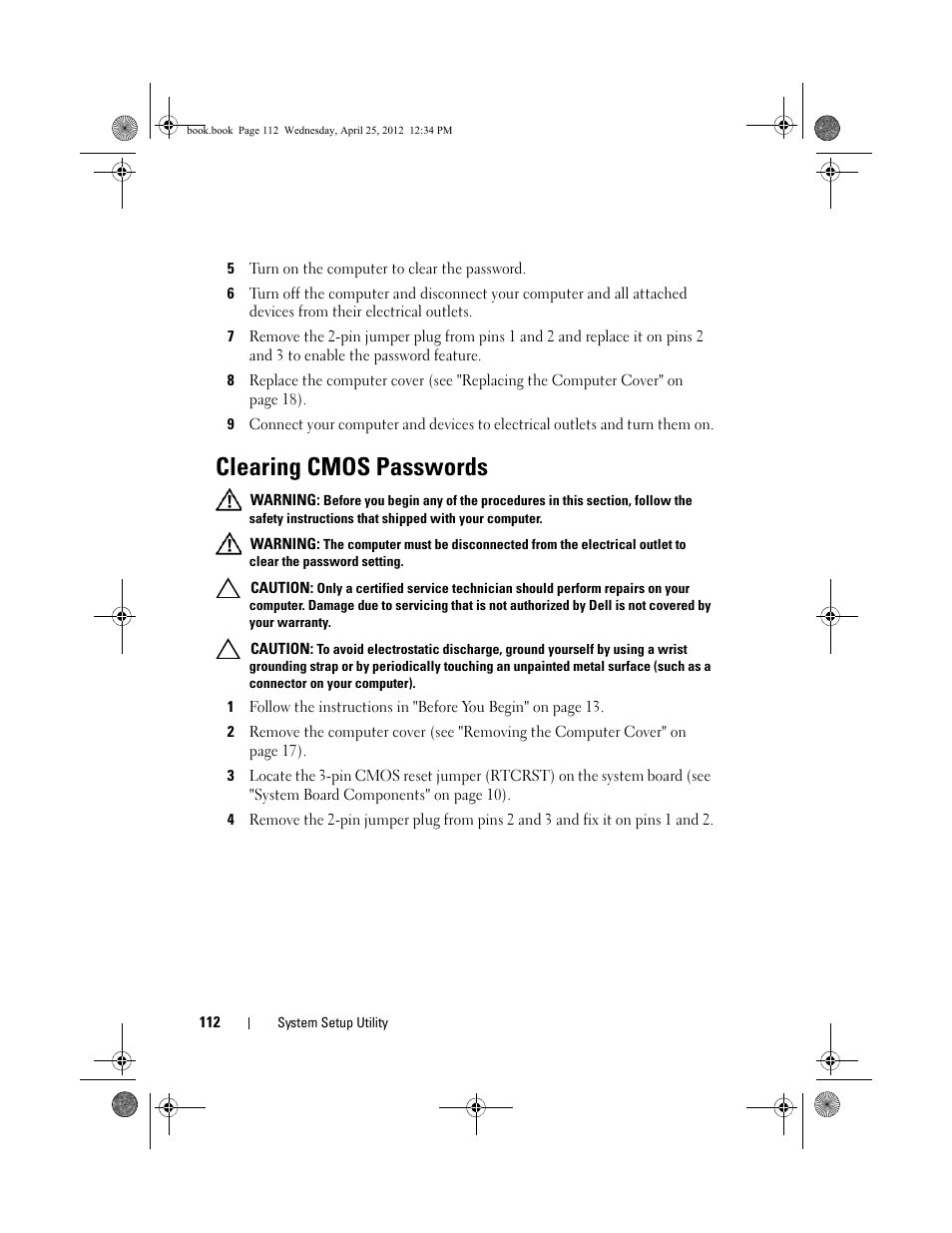 Clearing cmos passwords | Dell XPS 8300 (Late 2010) User Manual | Page 112 / 116