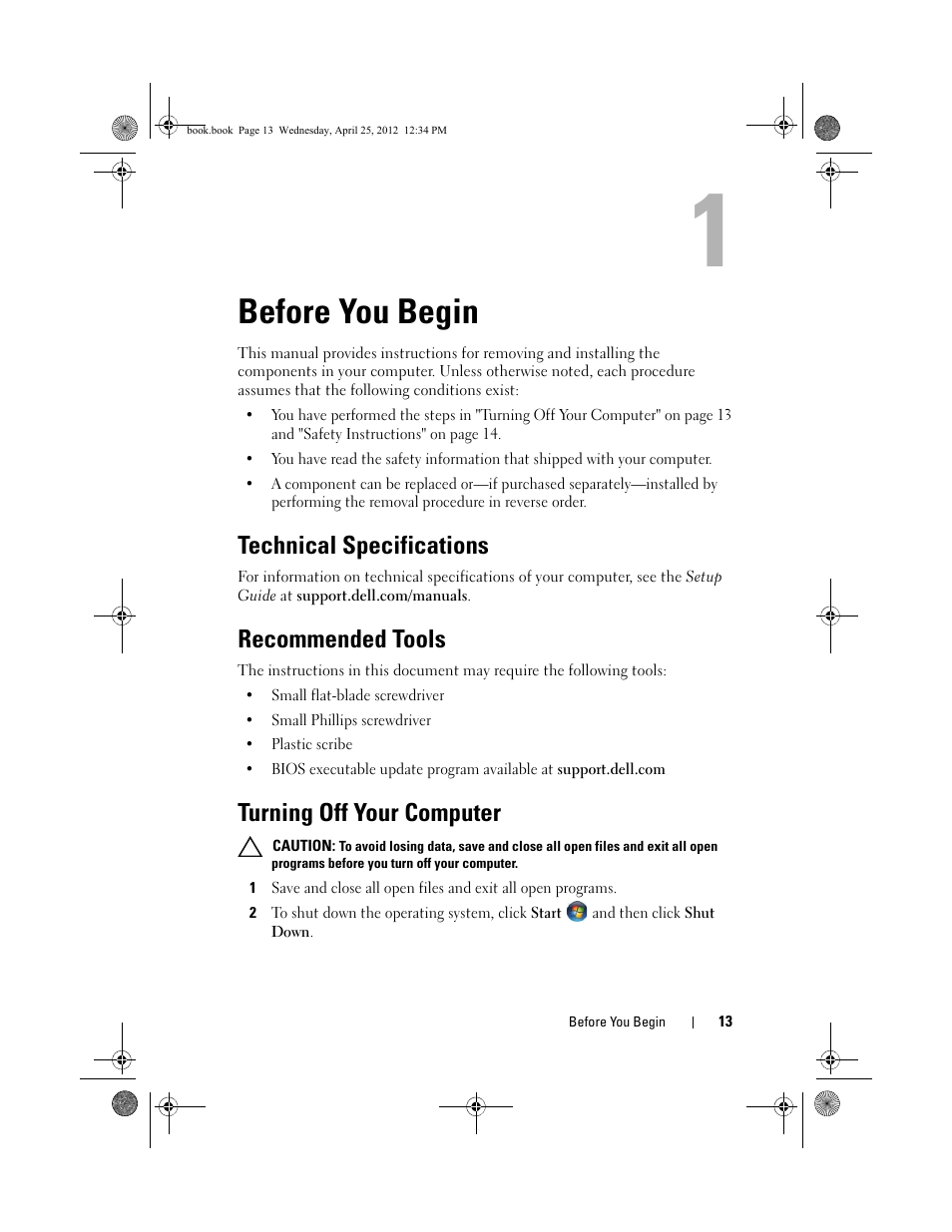 Before you begin, Technical specifications, Recommended tools | Turning off your computer | Dell XPS 8300 (Late 2010) User Manual | Page 13 / 116