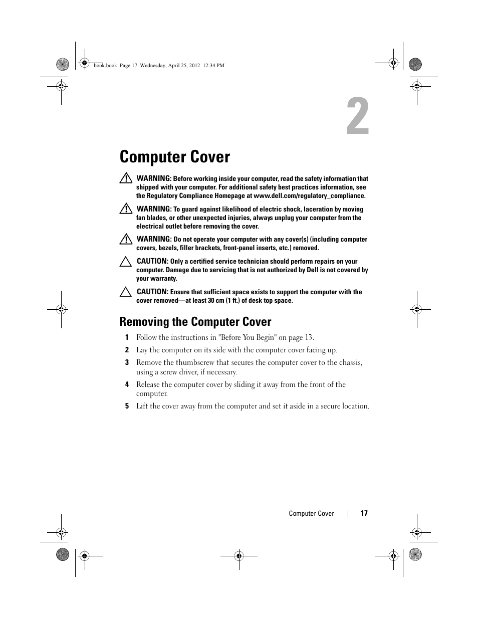 Computer cover, Removing the computer cover | Dell XPS 8300 (Late 2010) User Manual | Page 17 / 116