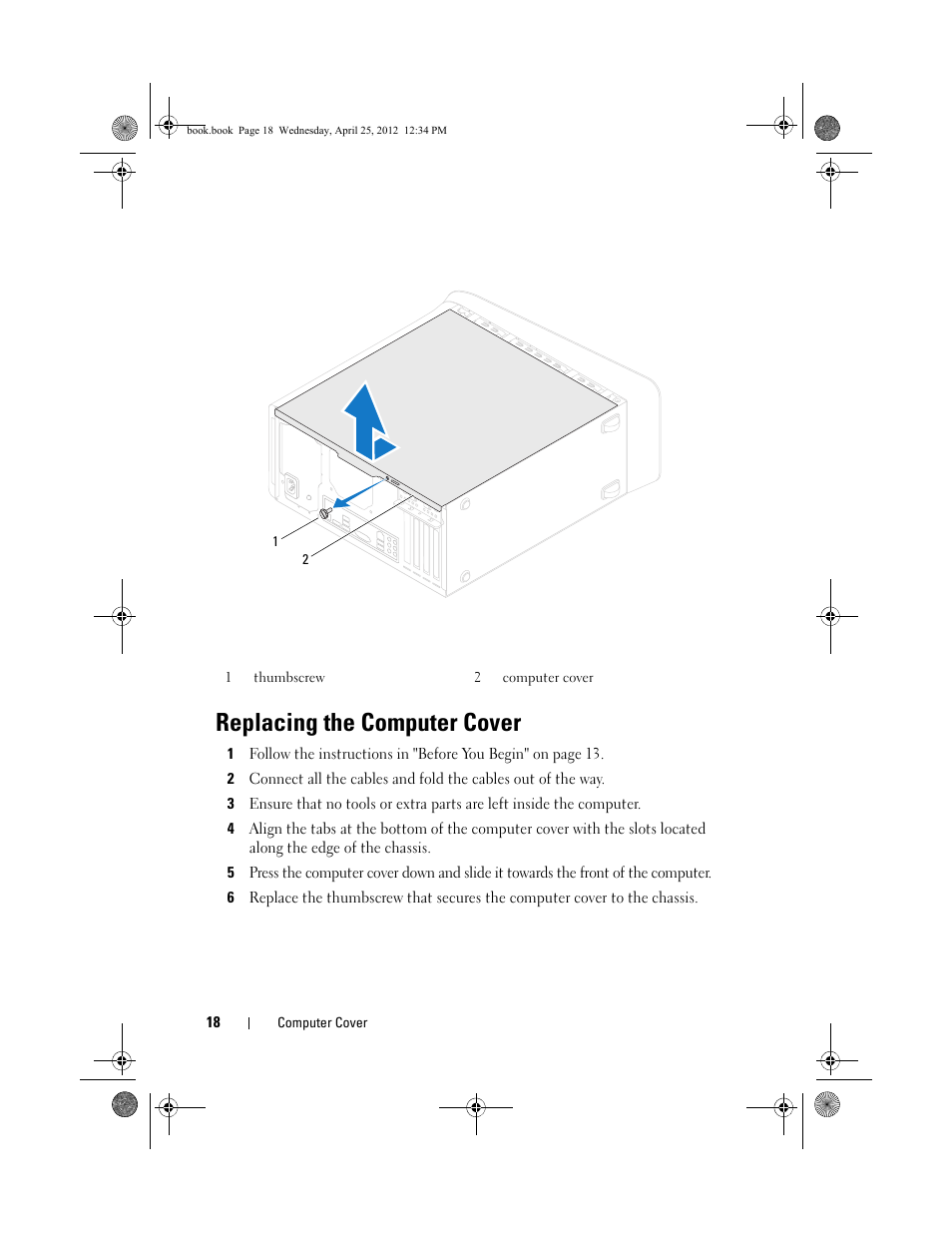 Replacing the computer cover | Dell XPS 8300 (Late 2010) User Manual | Page 18 / 116