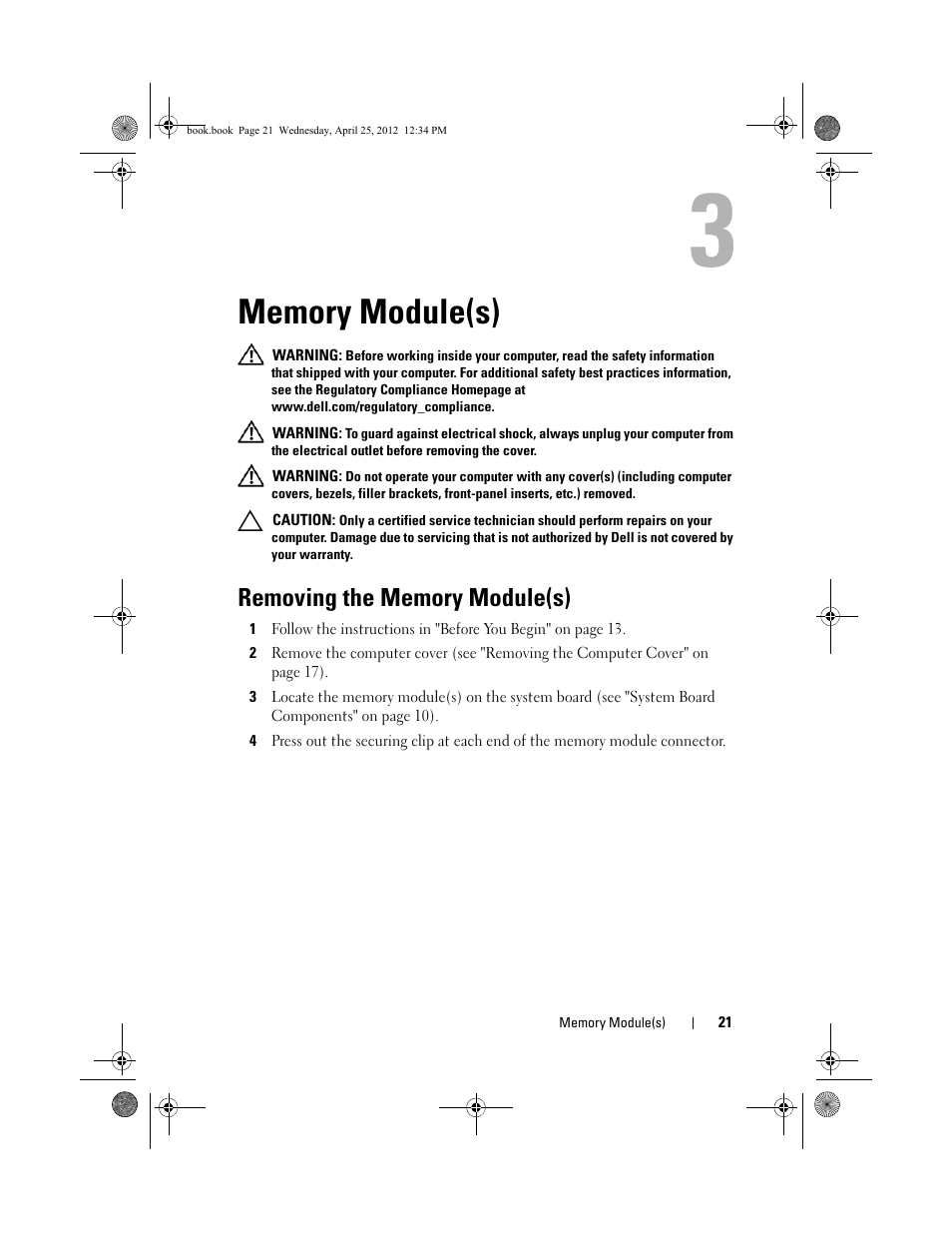 Memory module(s), Removing the memory module(s) | Dell XPS 8300 (Late 2010) User Manual | Page 21 / 116