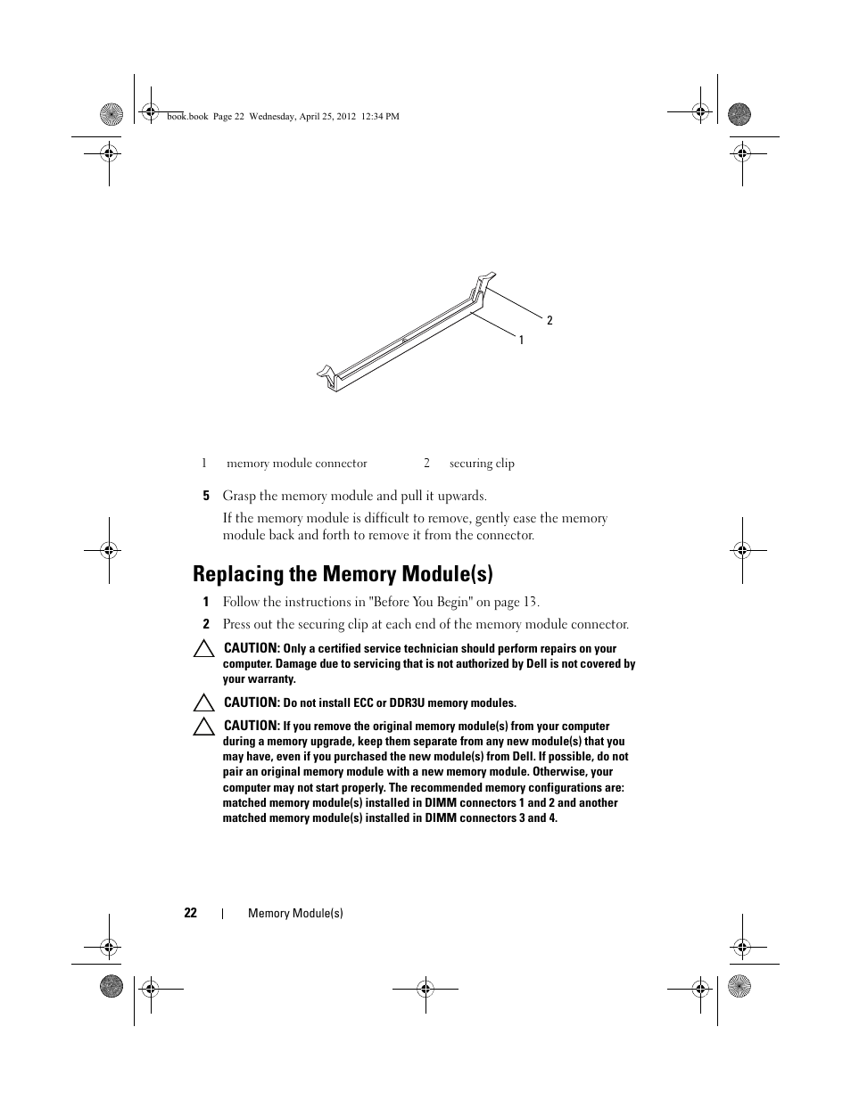 5 grasp the memory module and pull it upwards, Replacing the memory module(s) | Dell XPS 8300 (Late 2010) User Manual | Page 22 / 116