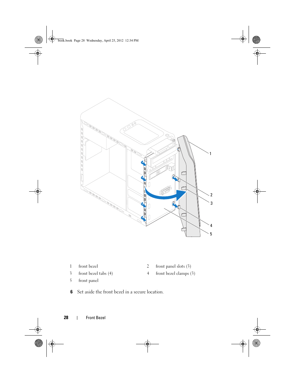 6 set aside the front bezel in a secure location | Dell XPS 8300 (Late 2010) User Manual | Page 28 / 116