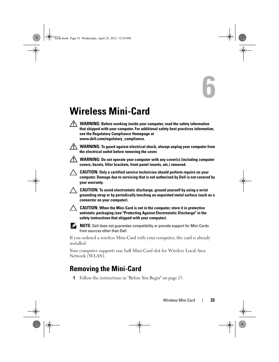 Wireless mini-card, Removing the mini-card | Dell XPS 8300 (Late 2010) User Manual | Page 33 / 116