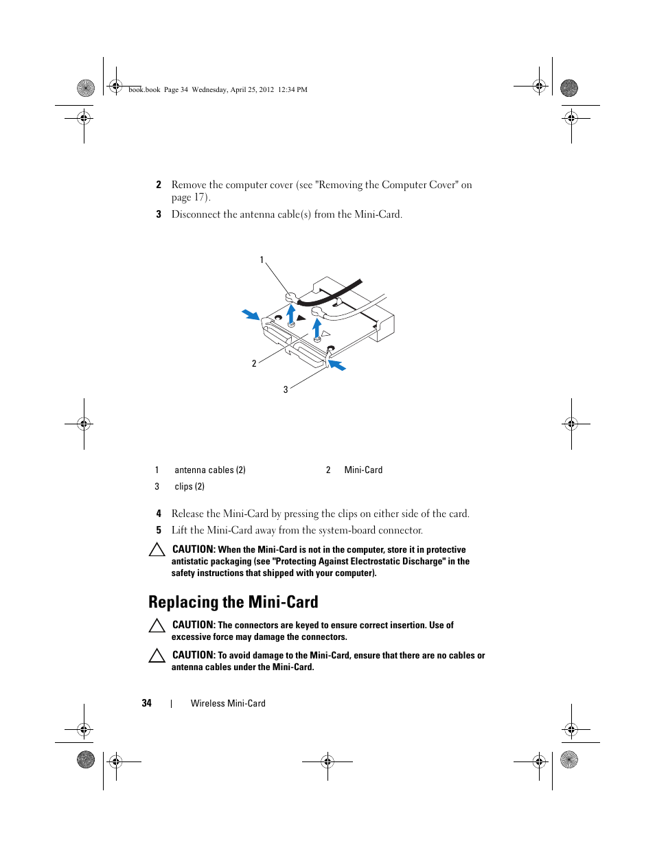 Replacing the mini-card | Dell XPS 8300 (Late 2010) User Manual | Page 34 / 116