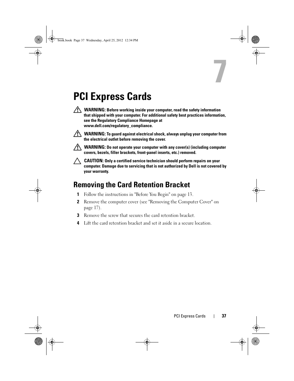 Pci express cards, Removing the card retention bracket | Dell XPS 8300 (Late 2010) User Manual | Page 37 / 116