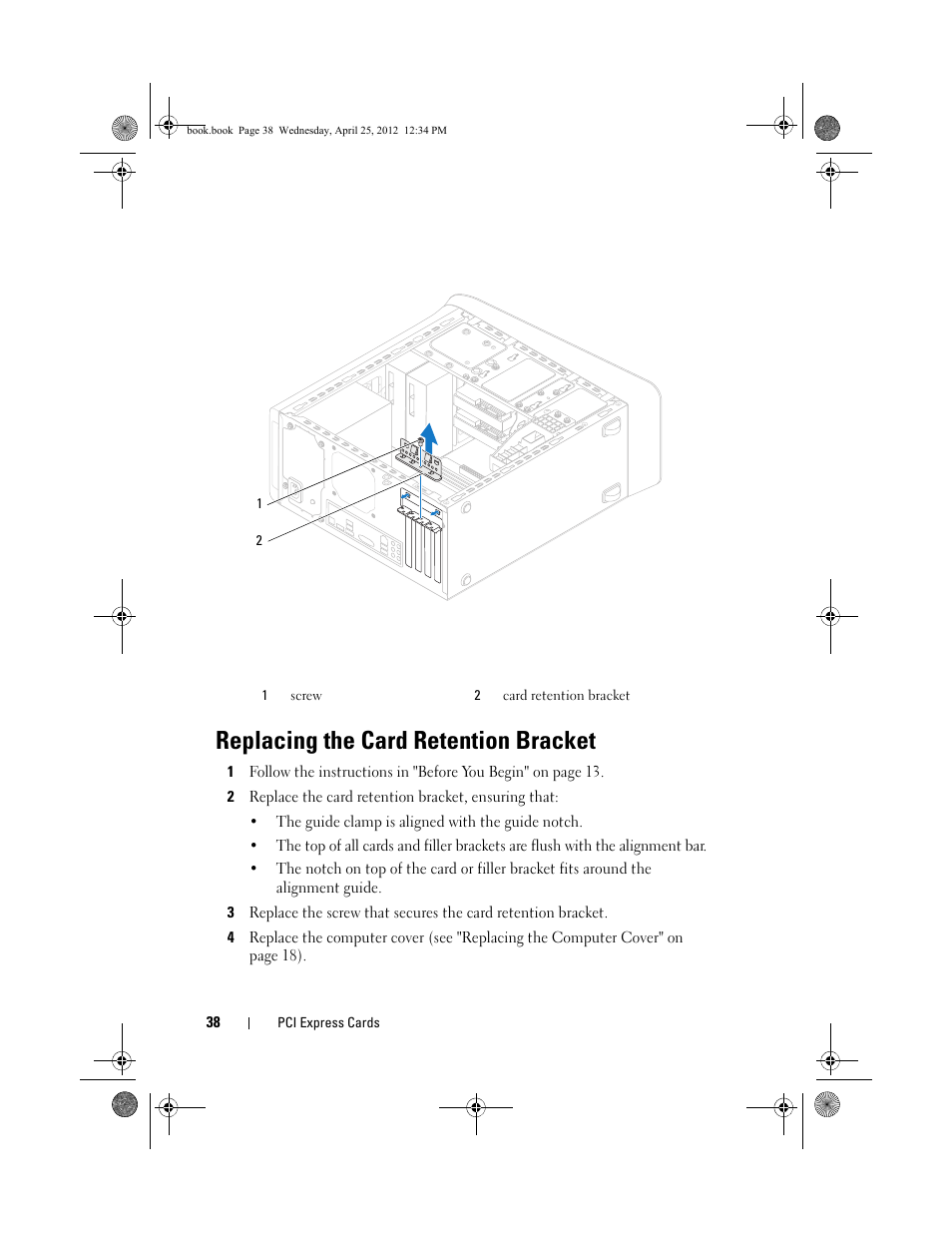 Replacing the card retention bracket | Dell XPS 8300 (Late 2010) User Manual | Page 38 / 116