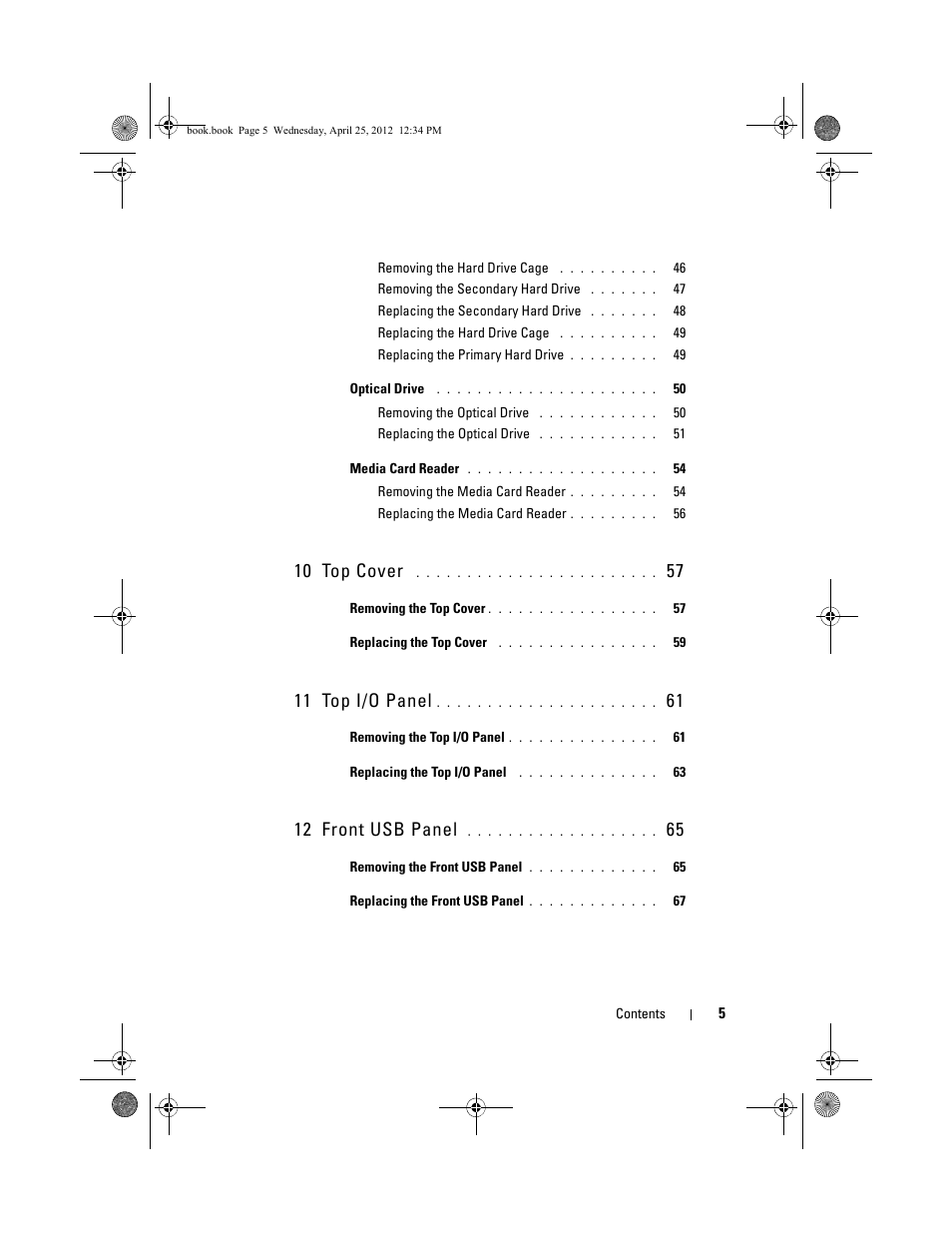 10 top cover, 11 top i/o panel, 12 front usb panel | Dell XPS 8300 (Late 2010) User Manual | Page 5 / 116