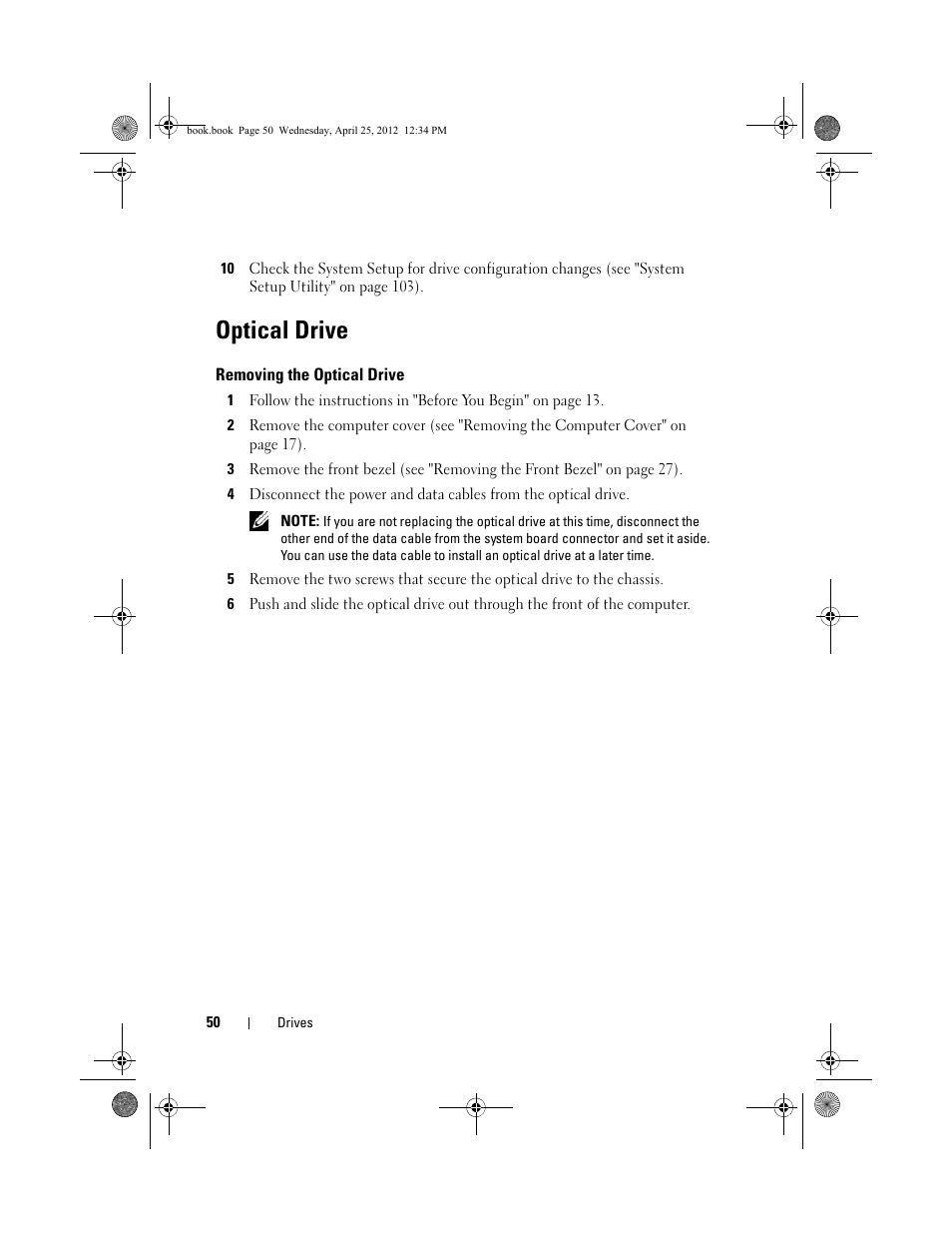 Optical drive, Removing the optical drive | Dell XPS 8300 (Late 2010) User Manual | Page 50 / 116