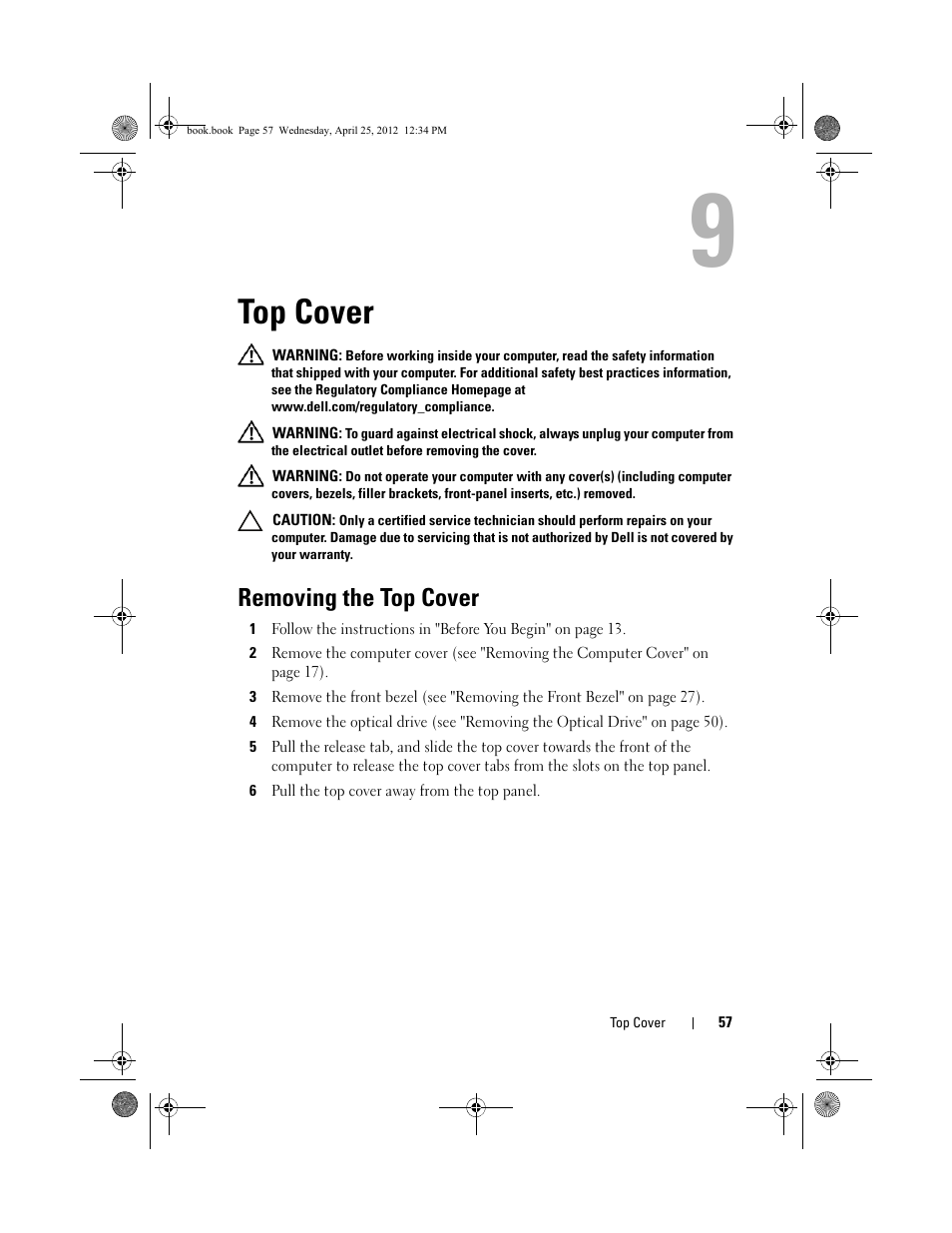 Top cover, Removing the top cover, 6 pull the top cover away from the top panel | Dell XPS 8300 (Late 2010) User Manual | Page 57 / 116
