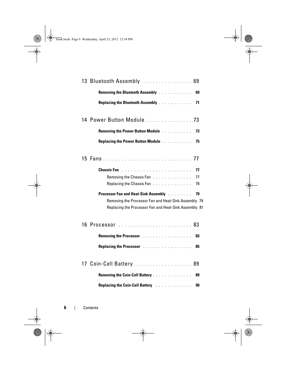 13 bluetooth assembly, 14 power button module, 15 fans | 16 processor, 17 coin-cell battery | Dell XPS 8300 (Late 2010) User Manual | Page 6 / 116