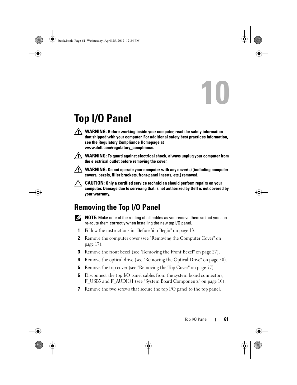 Top i/o panel, Removing the top i/o panel | Dell XPS 8300 (Late 2010) User Manual | Page 61 / 116