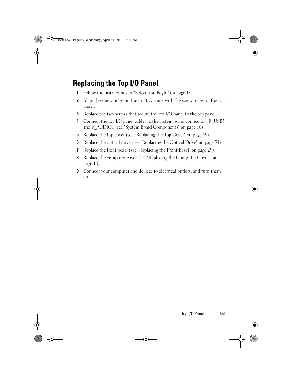 Replacing the top i/o panel | Dell XPS 8300 (Late 2010) User Manual | Page 63 / 116