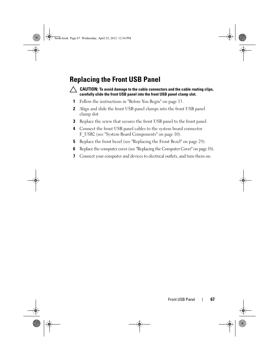 Replacing the front usb panel | Dell XPS 8300 (Late 2010) User Manual | Page 67 / 116