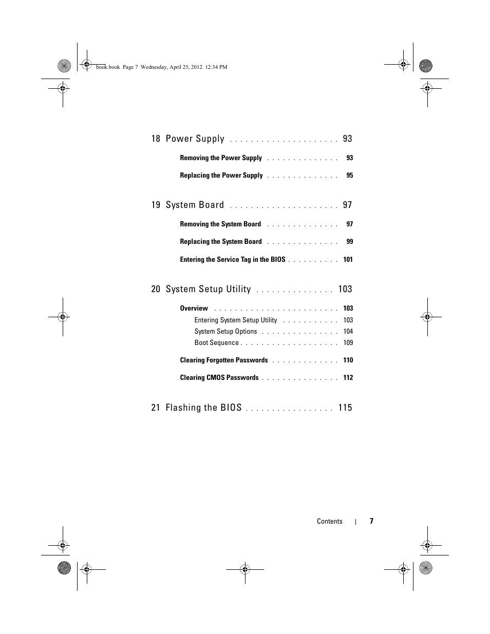 18 power supply, 19 system board, 20 system setup utility | 21 flashing the bios | Dell XPS 8300 (Late 2010) User Manual | Page 7 / 116