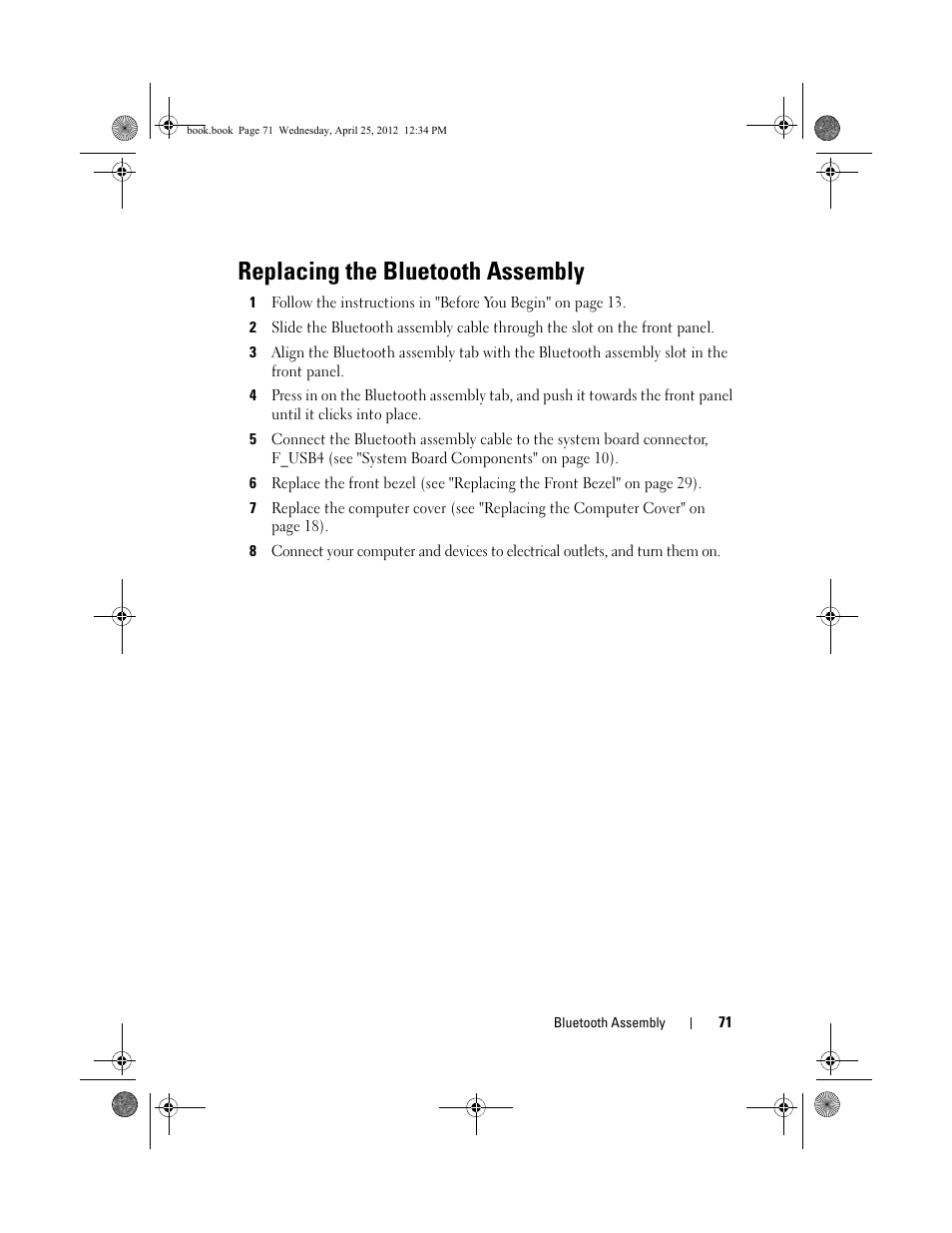 Replacing the bluetooth assembly | Dell XPS 8300 (Late 2010) User Manual | Page 71 / 116