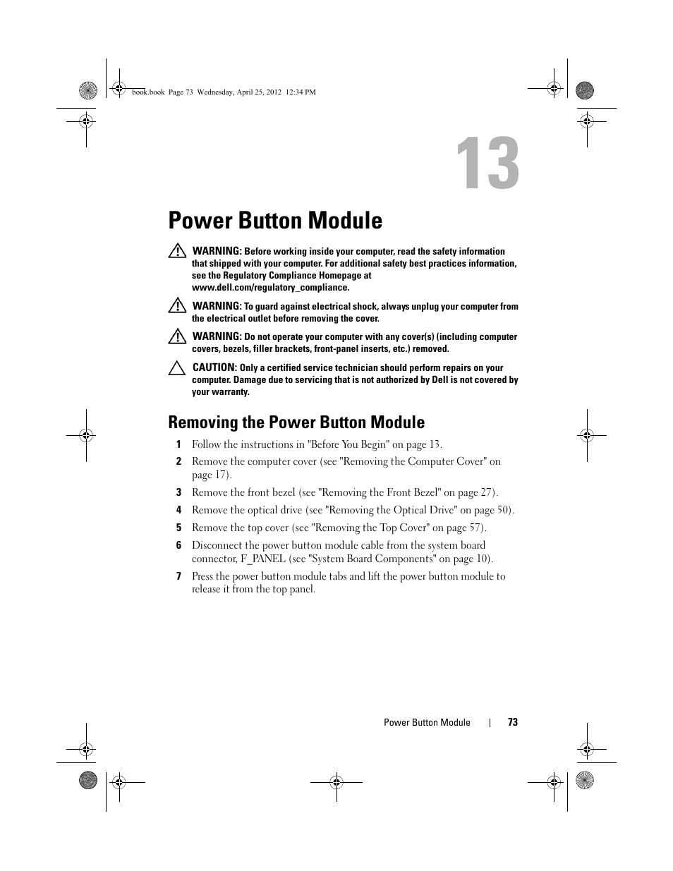 Power button module, Removing the power button module | Dell XPS 8300 (Late 2010) User Manual | Page 73 / 116