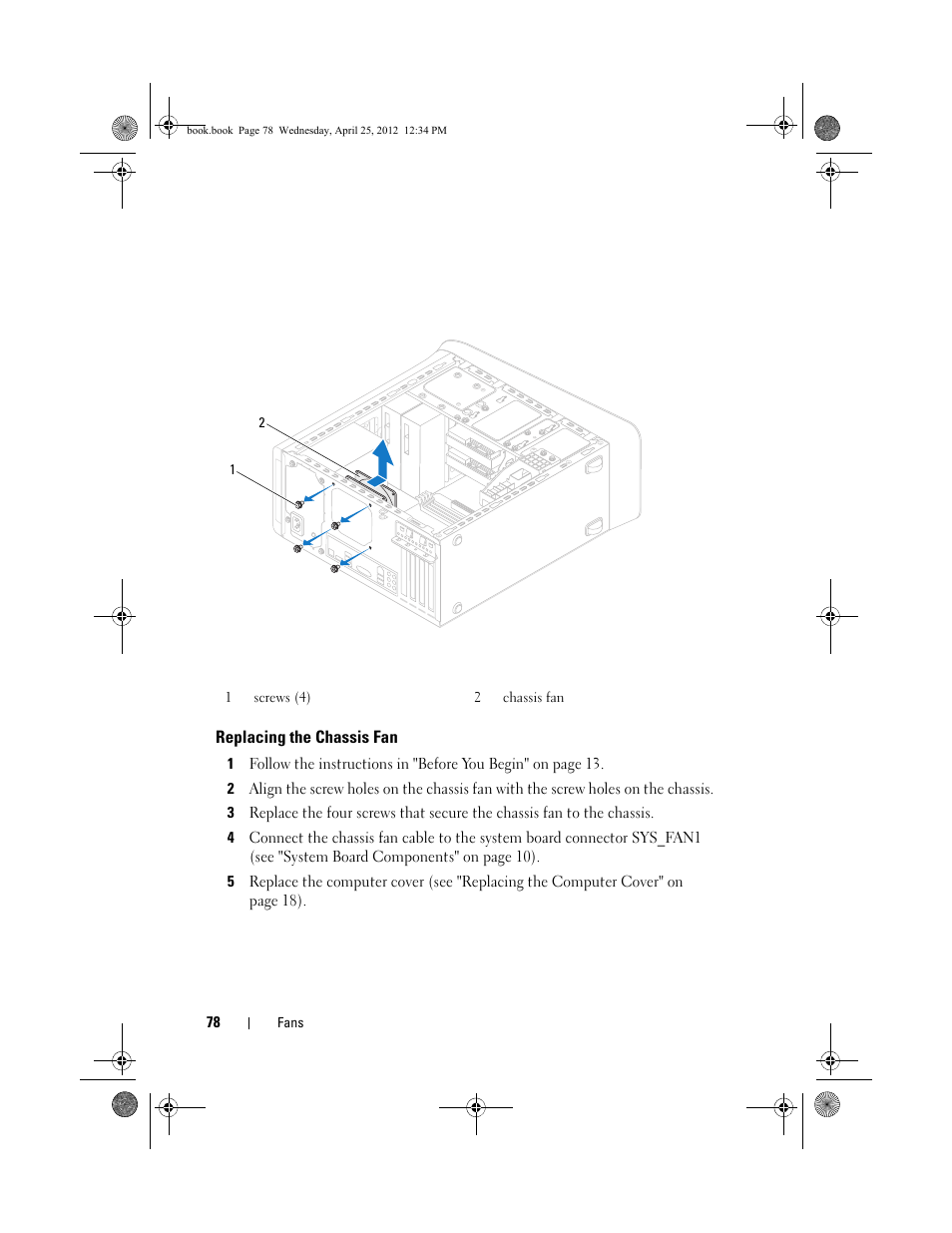 Replacing the chassis fan | Dell XPS 8300 (Late 2010) User Manual | Page 78 / 116