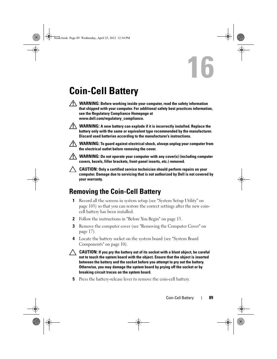 Coin-cell battery, Removing the coin-cell battery | Dell XPS 8300 (Late 2010) User Manual | Page 89 / 116
