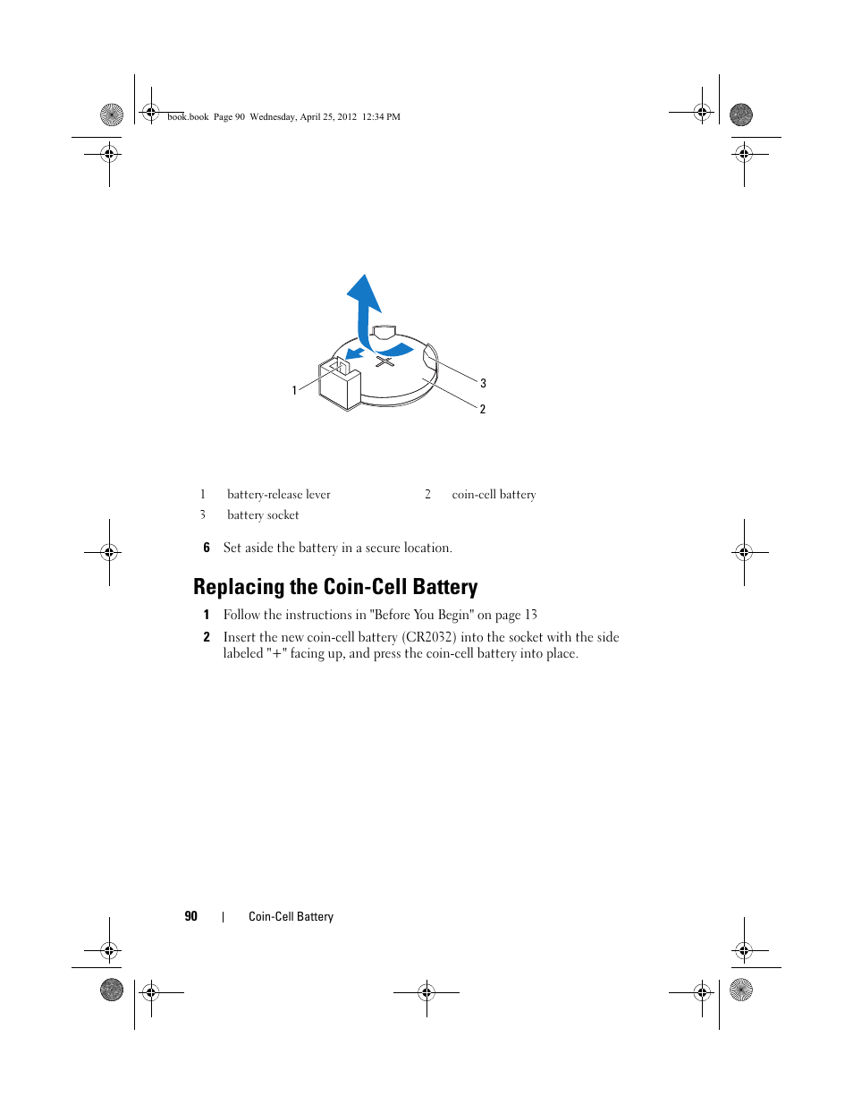 6 set aside the battery in a secure location, Replacing the coin-cell battery | Dell XPS 8300 (Late 2010) User Manual | Page 90 / 116