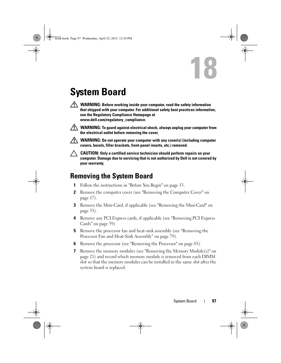 System board, Removing the system board | Dell XPS 8300 (Late 2010) User Manual | Page 97 / 116