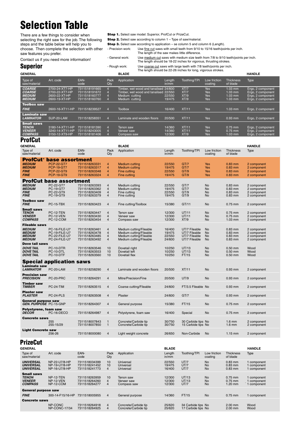 Selection table, Superior, Profcut | Prizecut, Base assortment, Profcut base assortment, Special application saws | Bahco ProfCut User Manual | Page 7 / 8