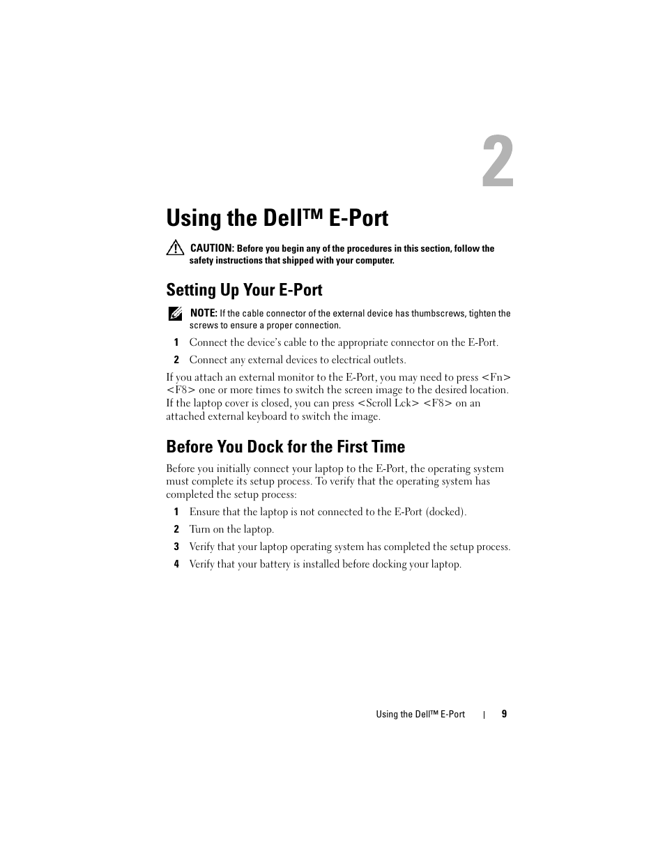Using the dell™ e-port, Setting up your e-port, Before you dock for the first time | Dell E-Port User Manual | Page 9 / 22