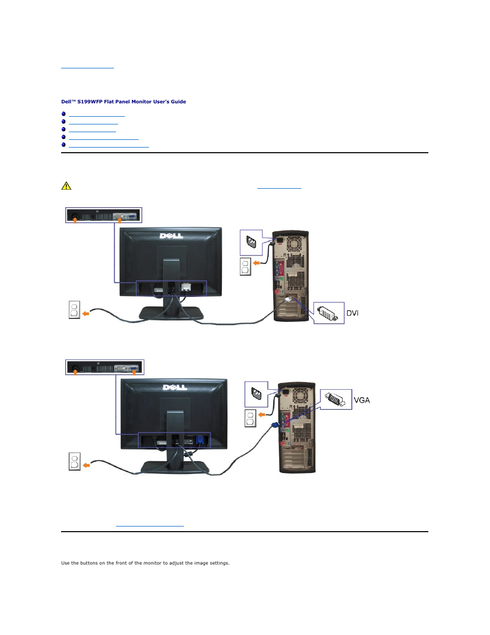 Setting up your monitor, Connecting your monitor, Using the front panel | Dell S199WFP Monitor User Manual | Page 10 / 23