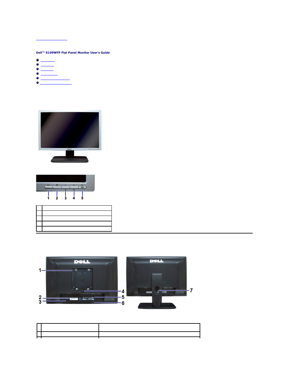 About your monitor, Front view, Back view | Dell S199WFP Monitor User Manual | Page 2 / 23