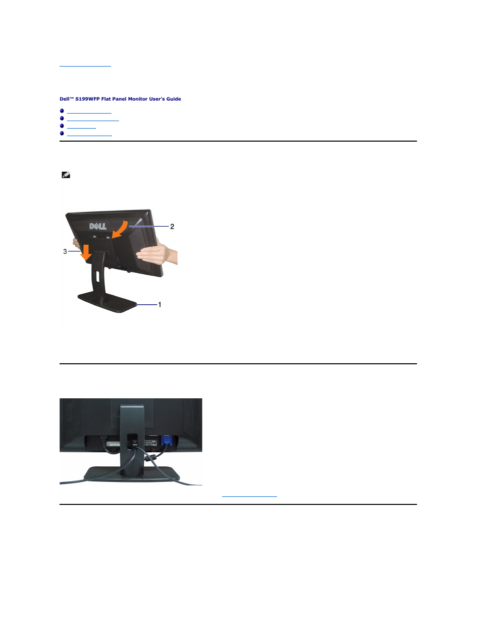 Using your monitor stand, Attaching the stand, Organizing your cables | Using the tilt | Dell S199WFP Monitor User Manual | Page 22 / 23